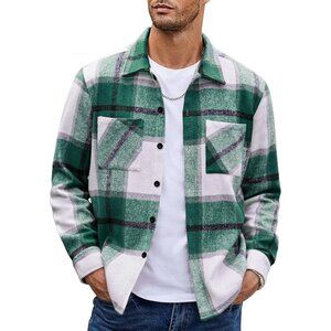 Men's Green Flannel Shirts Casual Button Down Plaid Shirt with Pockets
